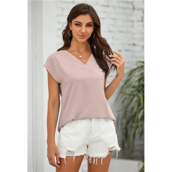 Women's Apricot V Neck Chiffon Blouses Cap‎ Sleeve Shirts Casual Loose Work Tops - Picture 2 of 4